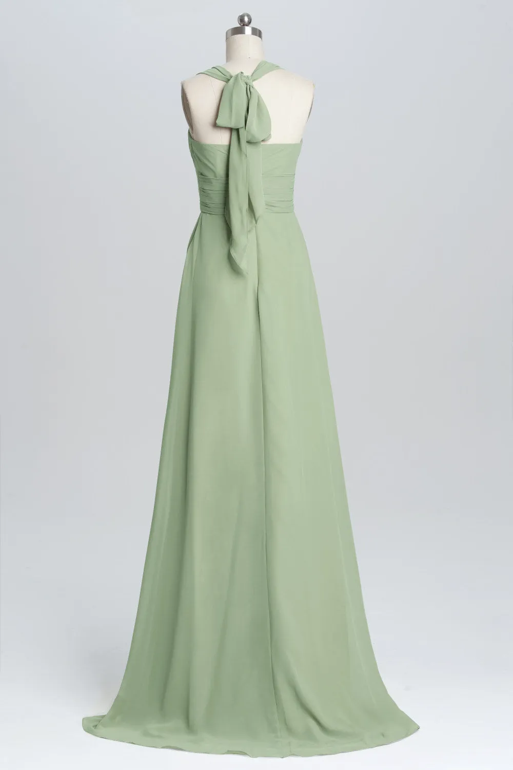 Halter Sage Pleated Ruffles Long Bridesmaid Dress