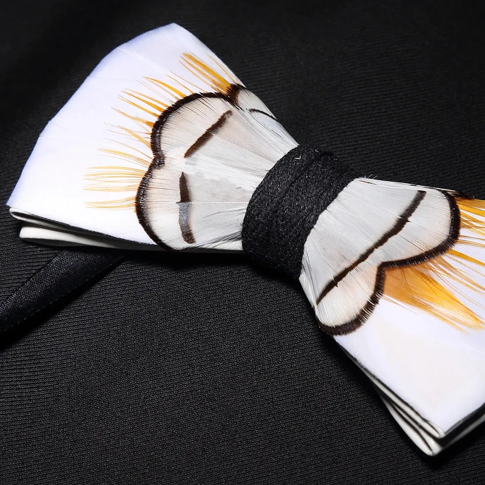 Italian Geometric Feather Bow Tie and Lapel Pin Wooden Box Sets