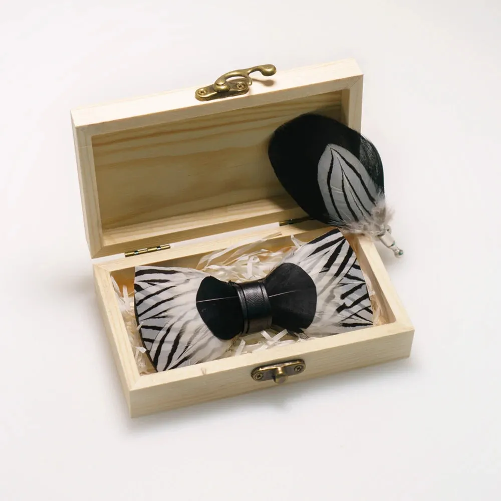 Italian Geometric Feather Bow Tie and Lapel Pin Wooden Box Sets