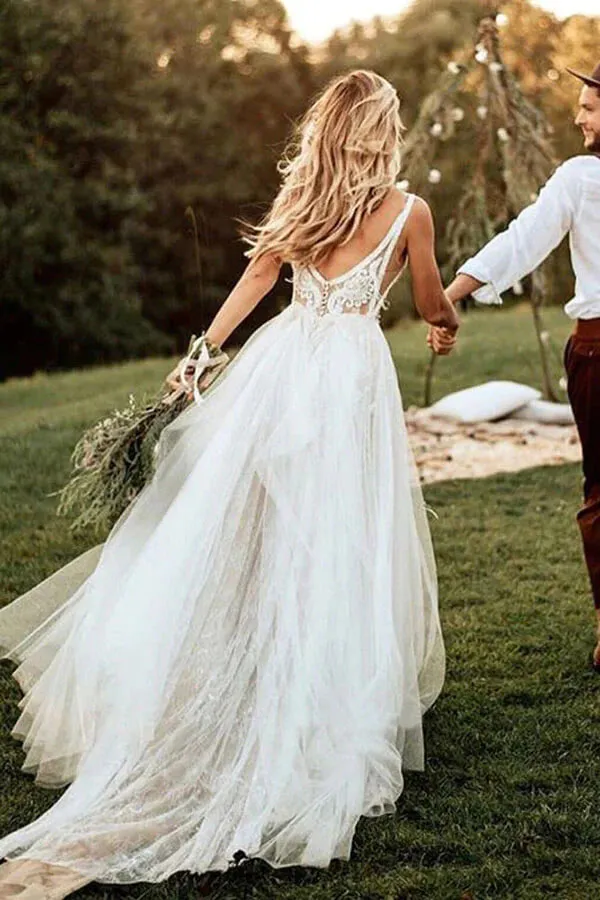 Ivory Tulle Sleeveless Beaded Beach Wedding Dress WW275