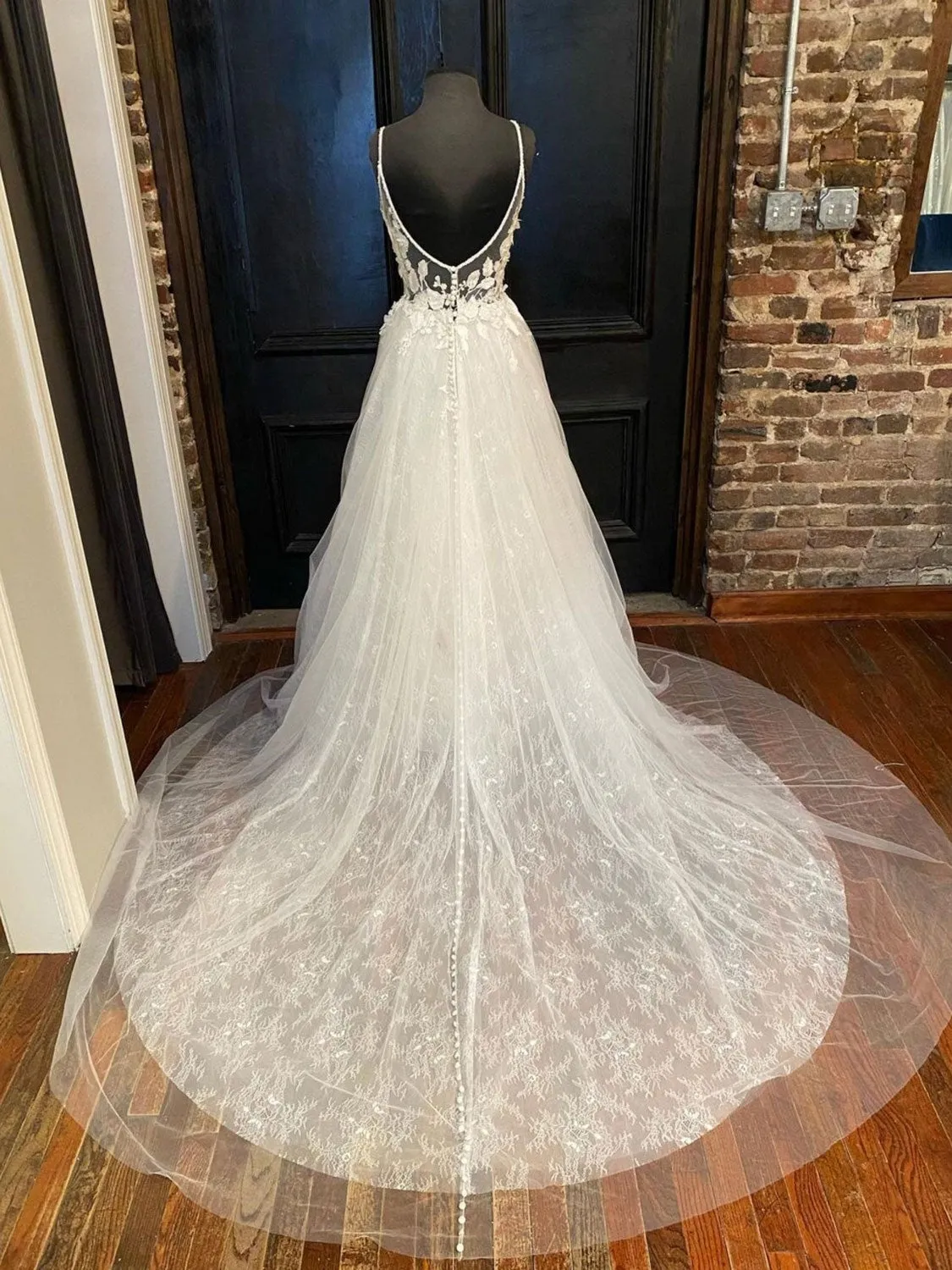 Light champagne v neck tulle lace long prom dress lace evening dress