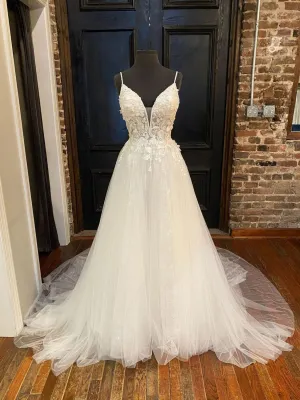 Light champagne v neck tulle lace long prom dress lace evening dress