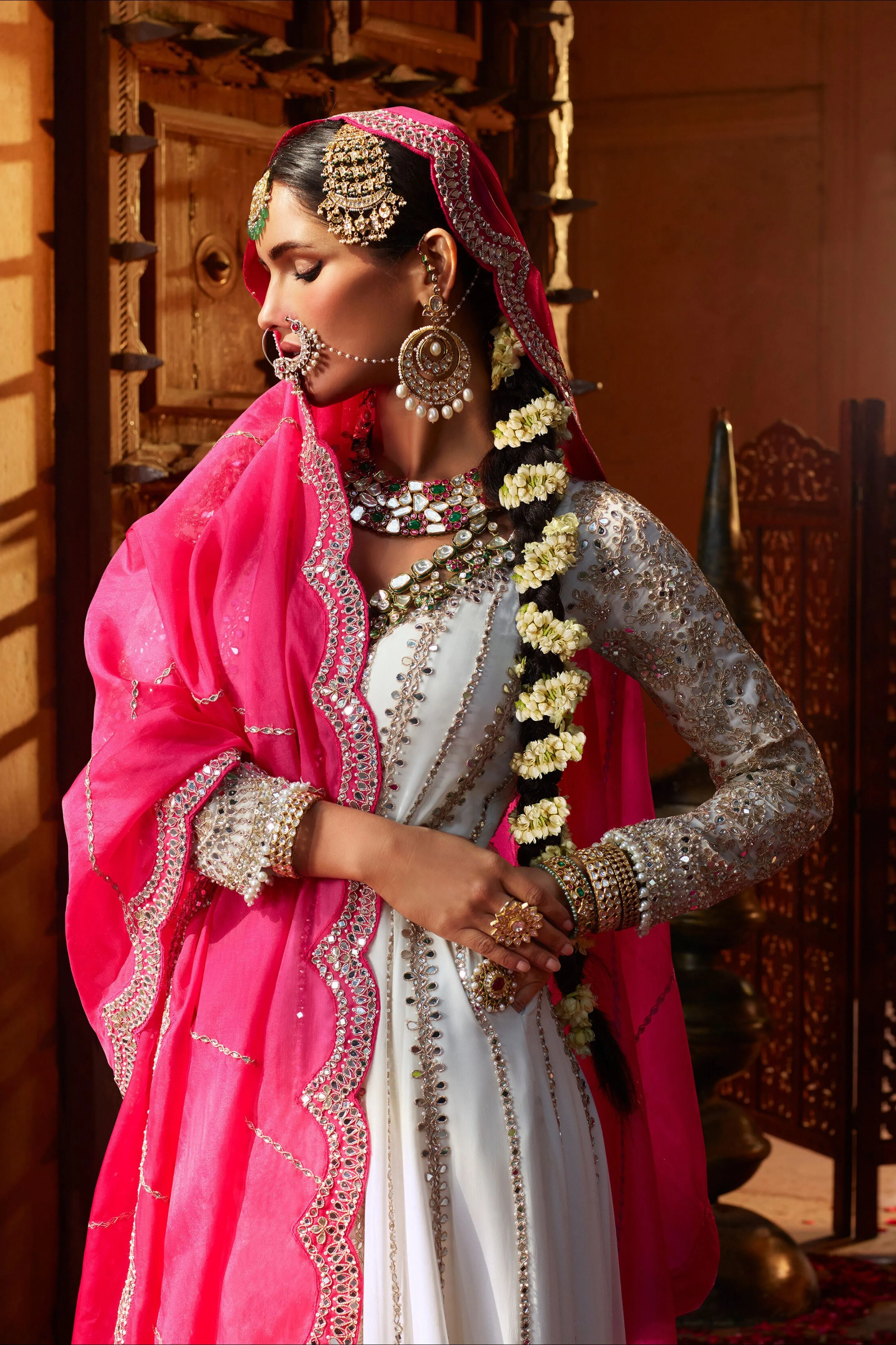 Light Cream Embellished Swiss Georgette Silk Anarkali Set