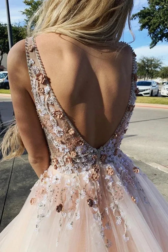 Light Pink V Neck Sleeveless Tulle Prom Dress with Flowers and Beads