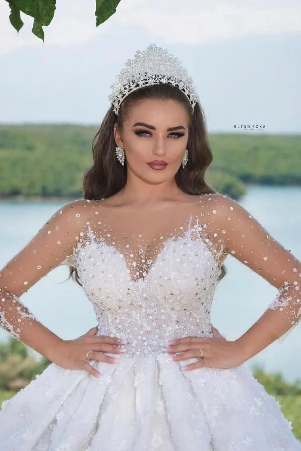 Long Ball Gown Jewel Neck Sweetheart Wedding Dress with Long Sleeves and Beading