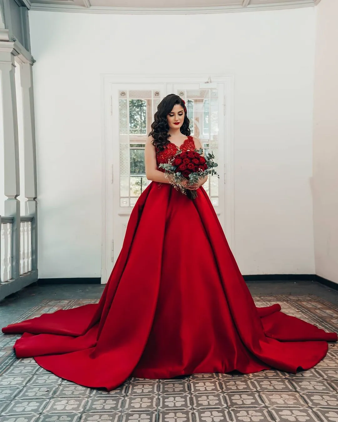 Long Ball Gown Princess Satin V-Neck Wedding Dress with Lace