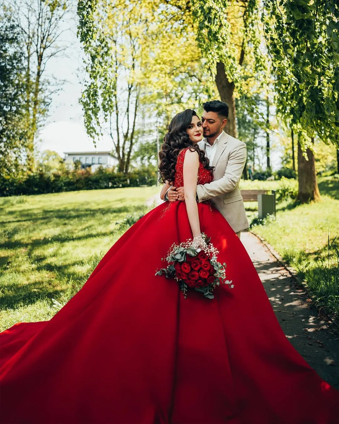 Long Ball Gown Princess Satin V-Neck Wedding Dress with Lace