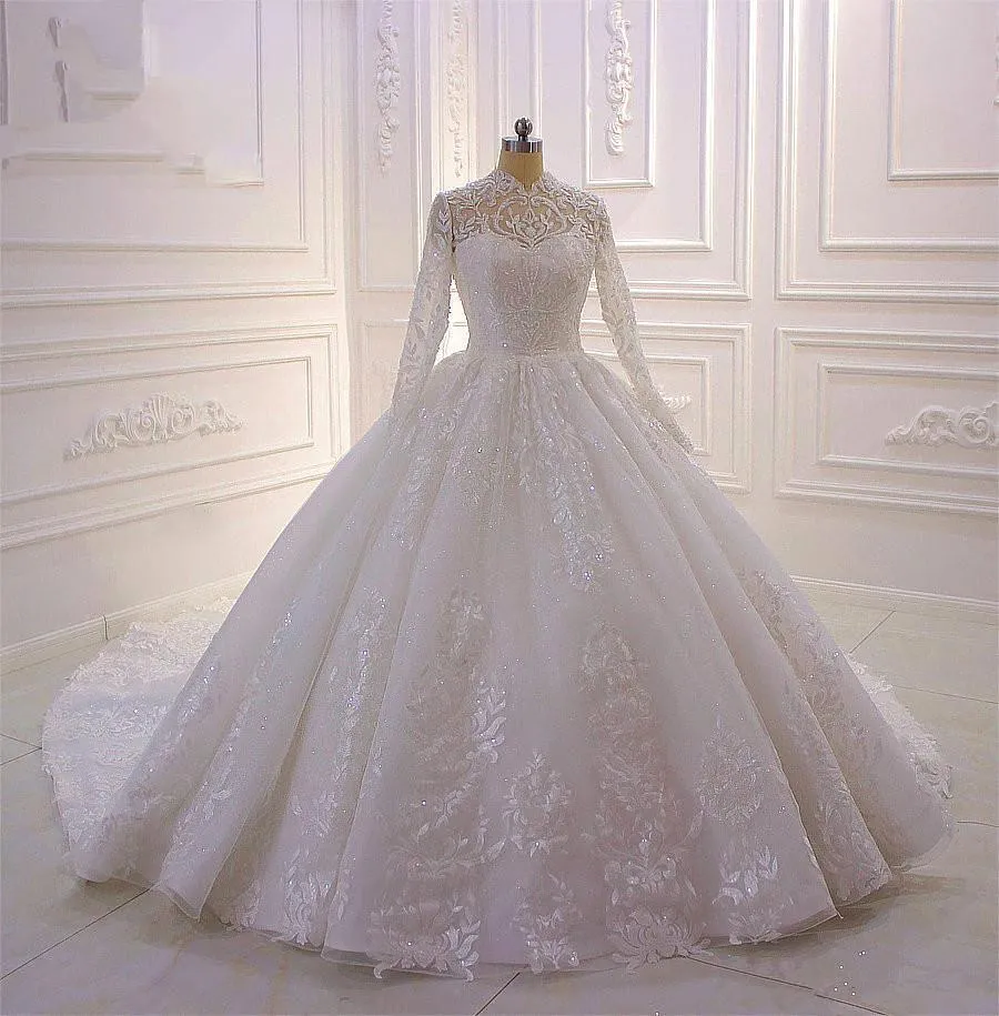 Long High neck Appliques Lace Ball Gown Wedding Dress with Sleeves
