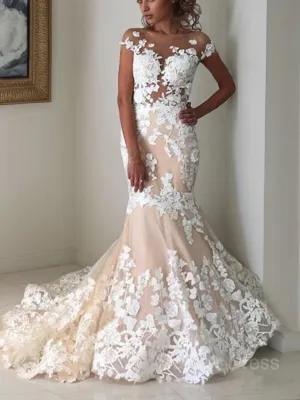 Mermaid Bateau Sweep Train Tulle Wedding Dresses With Appliques Lace