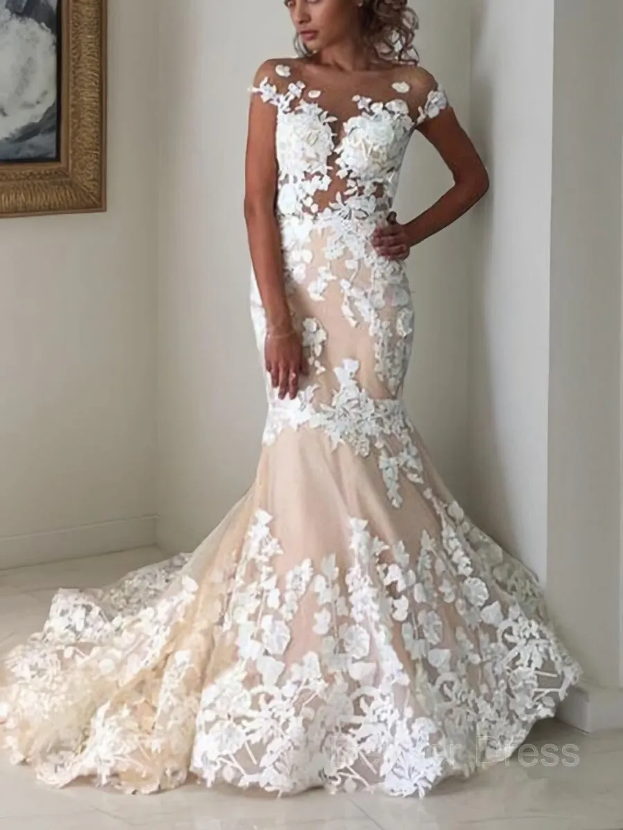 Mermaid Bateau Sweep Train Tulle Wedding Dresses With Appliques Lace