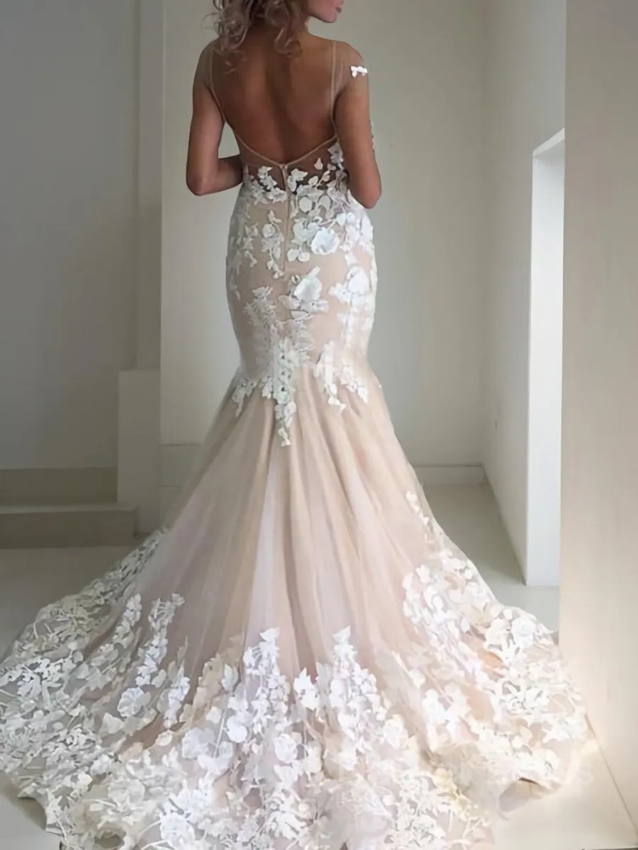 Mermaid Bateau Sweep Train Tulle Wedding Dresses With Appliques Lace