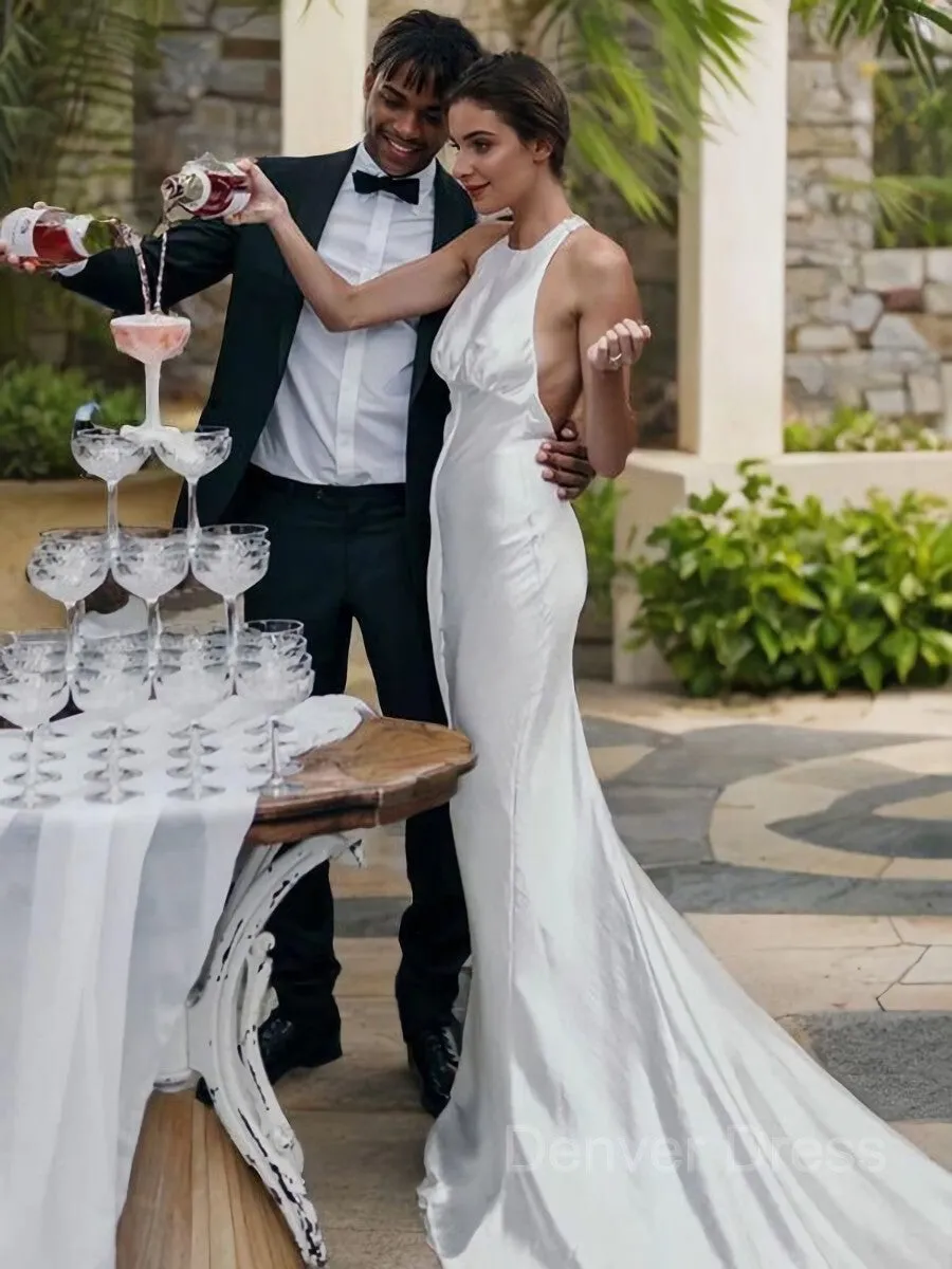 Mermaid Halter Sweep Train Taffeta Wedding Dresses