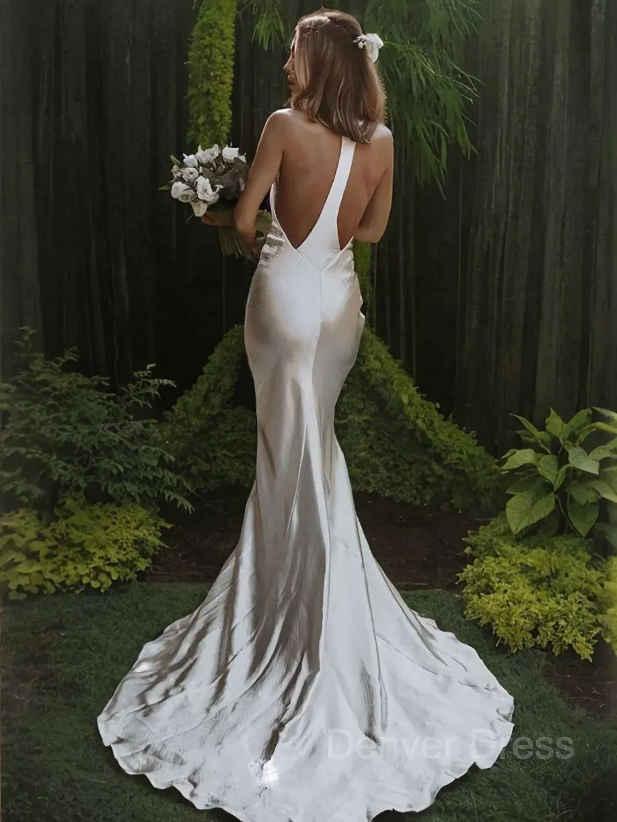 Mermaid Halter Sweep Train Taffeta Wedding Dresses