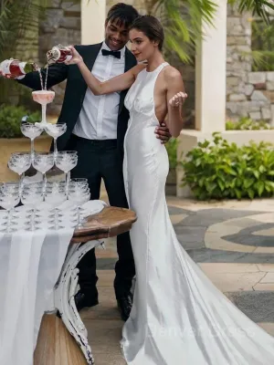 Mermaid Halter Sweep Train Taffeta Wedding Dresses