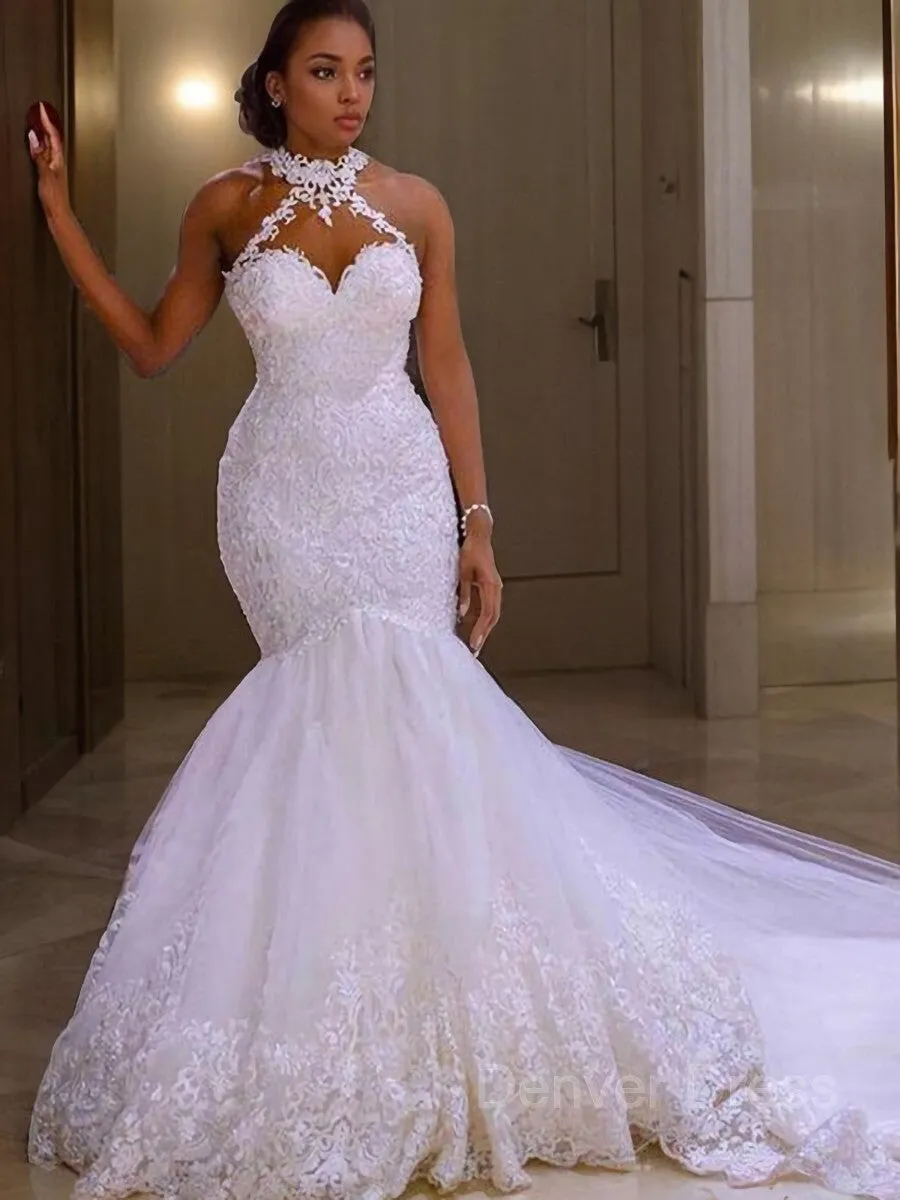 Mermaid Halter Sweep Train Tulle Wedding Dresses With Appliques Lace
