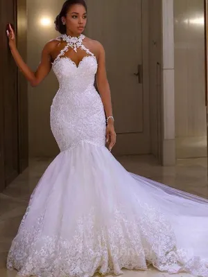 Mermaid Halter Sweep Train Tulle Wedding Dresses With Appliques Lace