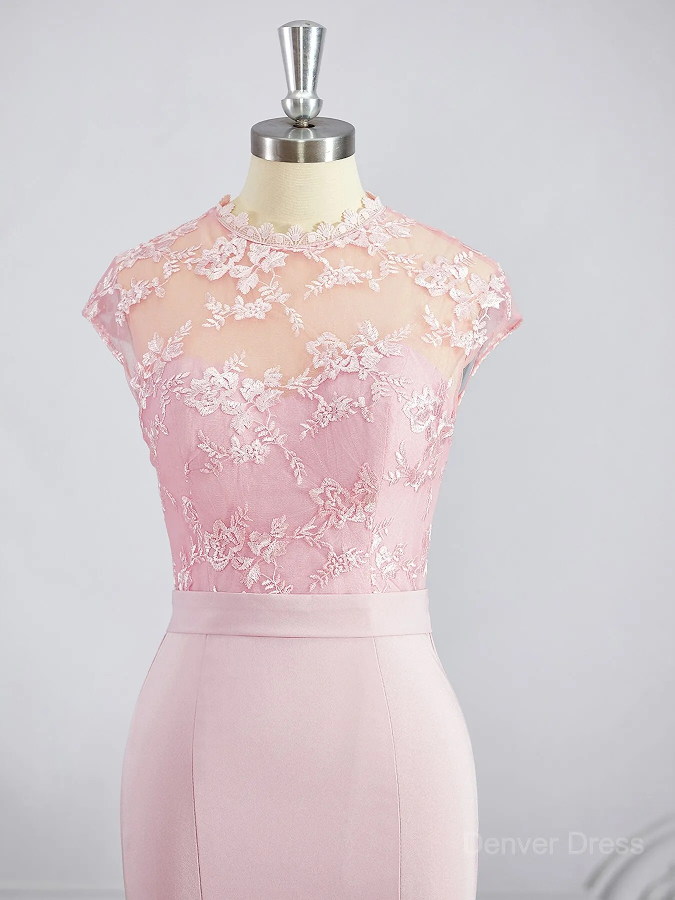 Mermaid High Neck Floor-Length Stretch Crepe Bridesmaid Dresses with Appliques Lace