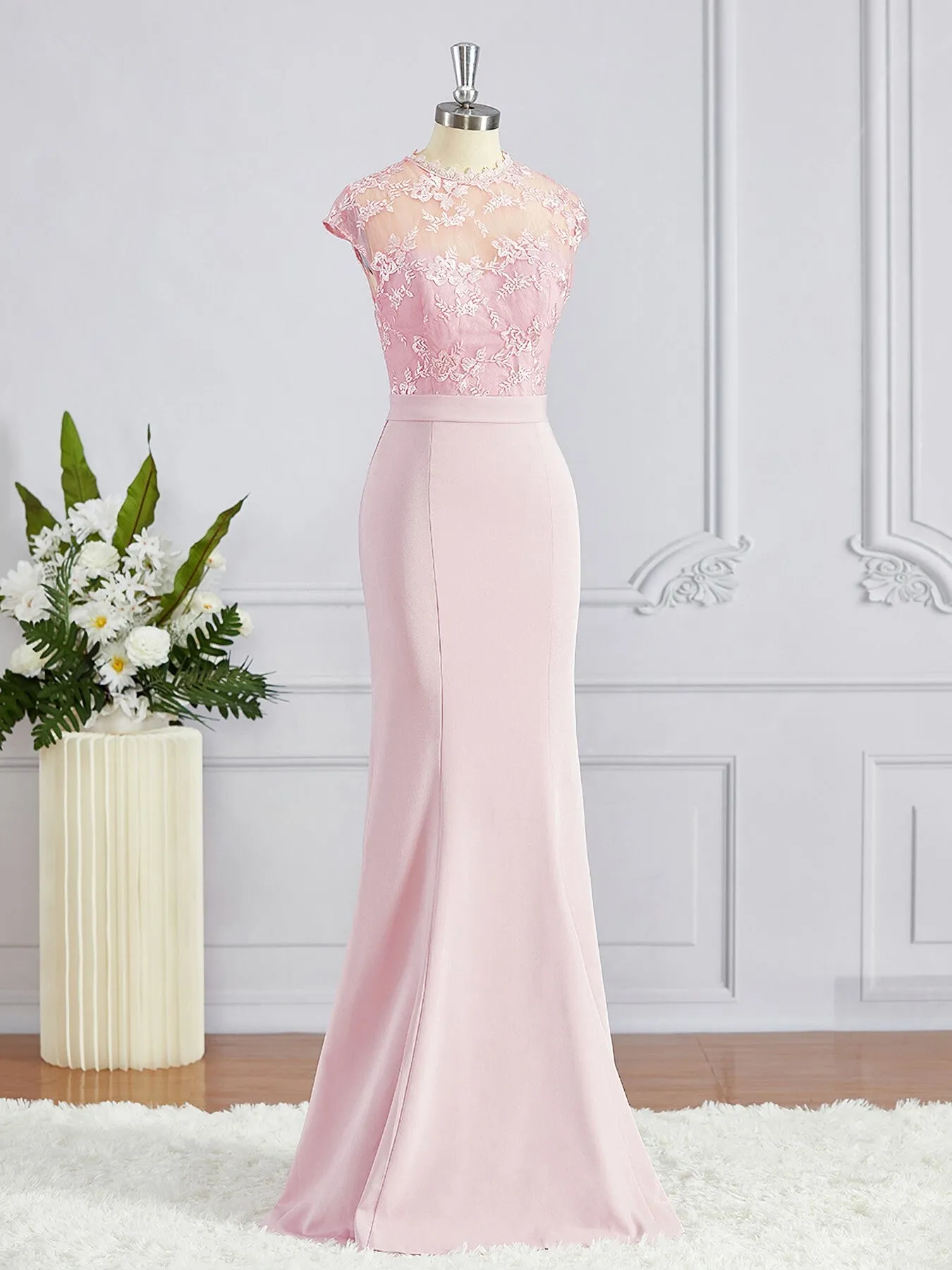 Mermaid High Neck Floor-Length Stretch Crepe Bridesmaid Dresses with Appliques Lace