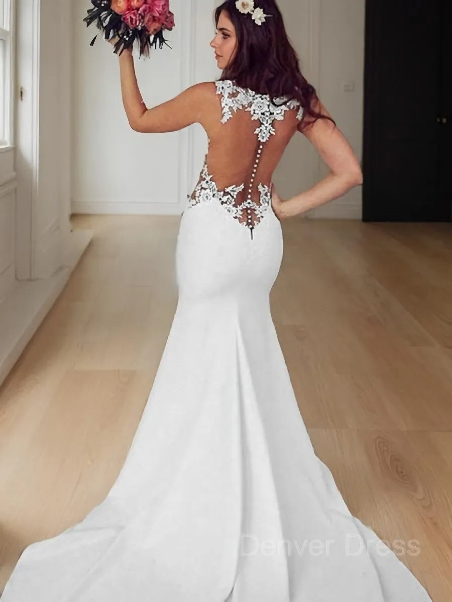 Mermaid Scoop Sweep Train Stretch Crepe Wedding Dresses With Appliques Lace
