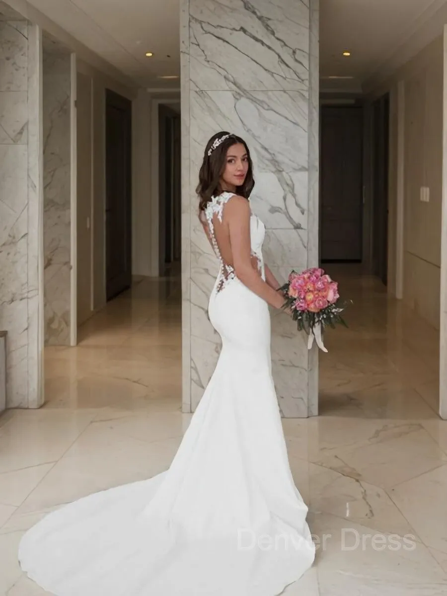 Mermaid Scoop Sweep Train Stretch Crepe Wedding Dresses With Appliques Lace