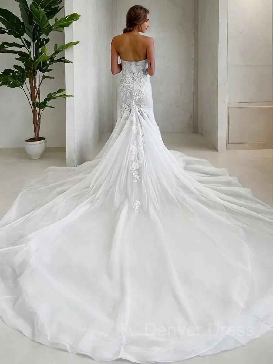 Mermaid Strapless Cathedral Train Tulle Wedding Dresses With Appliques Lace