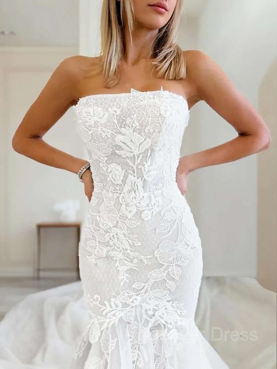 Mermaid Strapless Cathedral Train Tulle Wedding Dresses With Appliques Lace