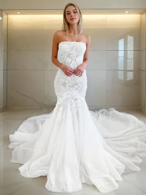 Mermaid Strapless Cathedral Train Tulle Wedding Dresses With Appliques Lace