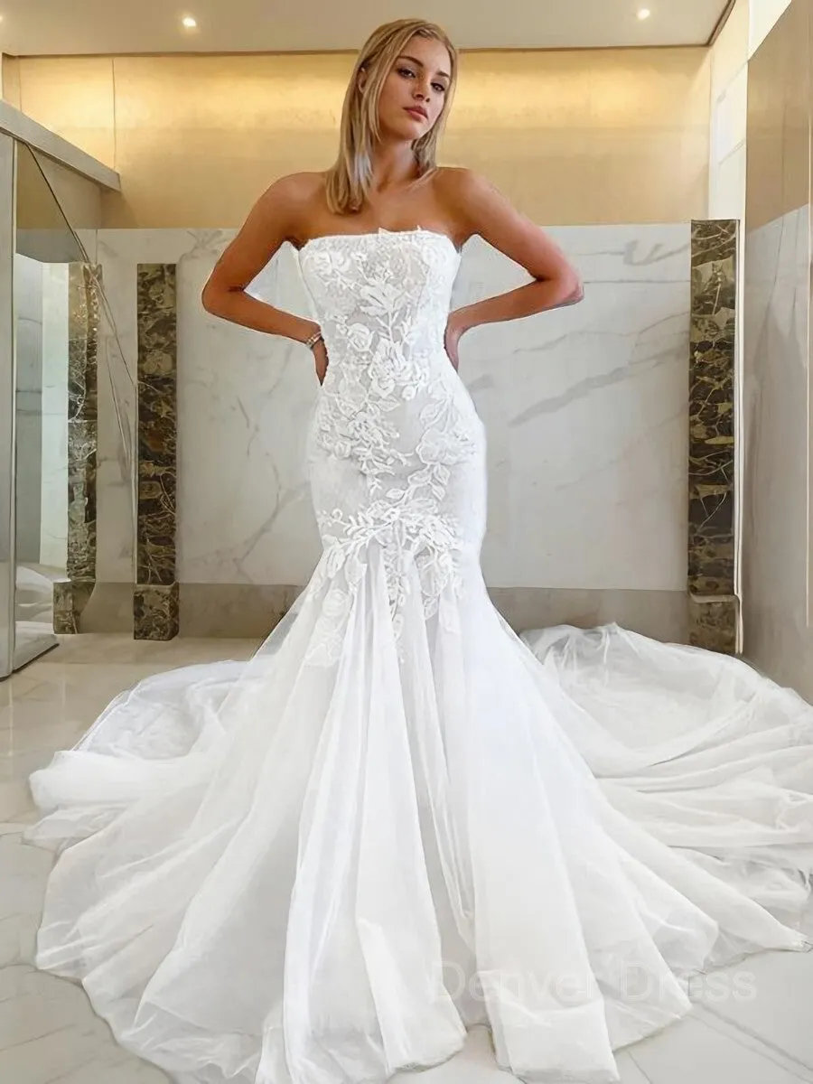 Mermaid Strapless Cathedral Train Tulle Wedding Dresses With Appliques Lace