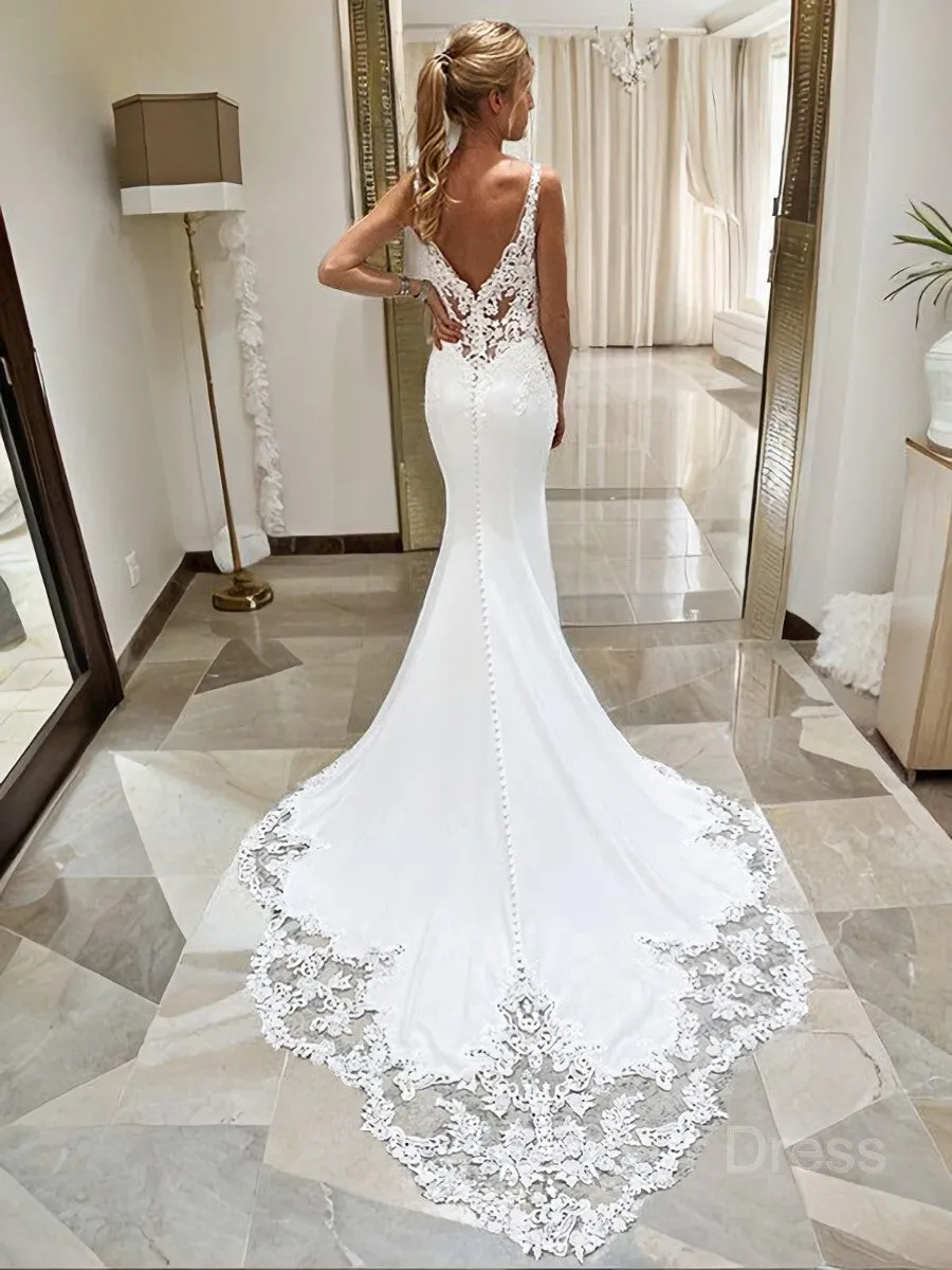 Mermaid V-neck Cathedral Train Stretch Crepe Wedding Dresses With Appliques Lace