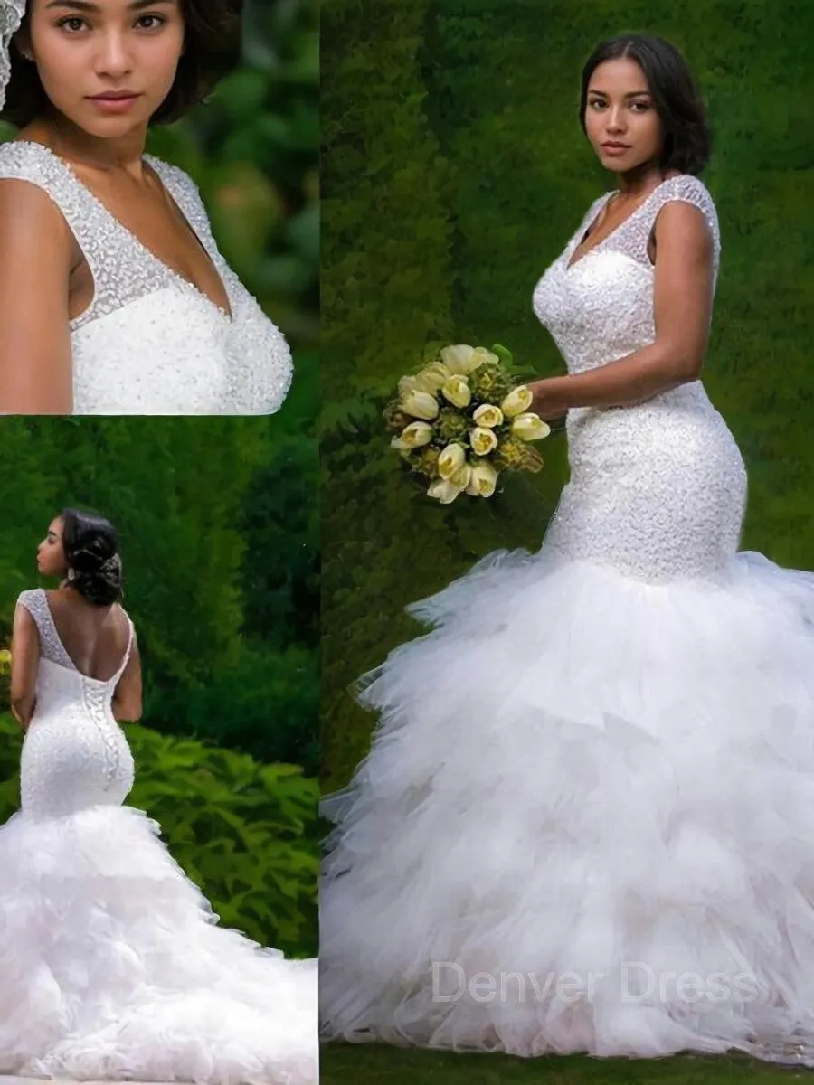 Mermaid V-neck Cathedral Train Tulle Wedding Dresses With Beading