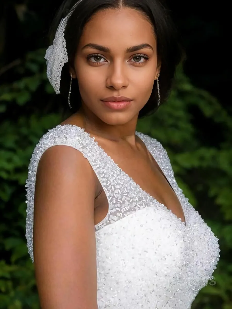 Mermaid V-neck Cathedral Train Tulle Wedding Dresses With Beading