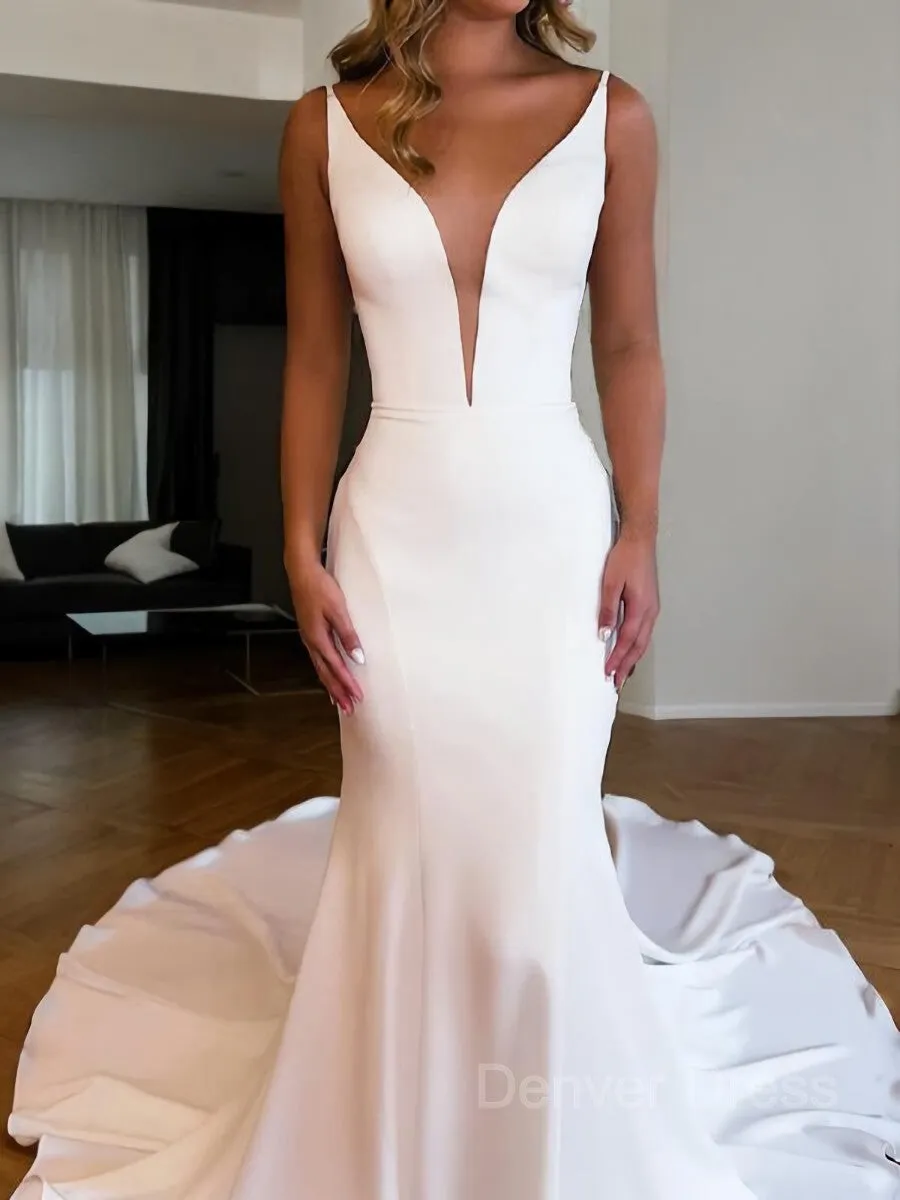 Mermaid V-neck Chapel Train Charmeuse Wedding Dresses