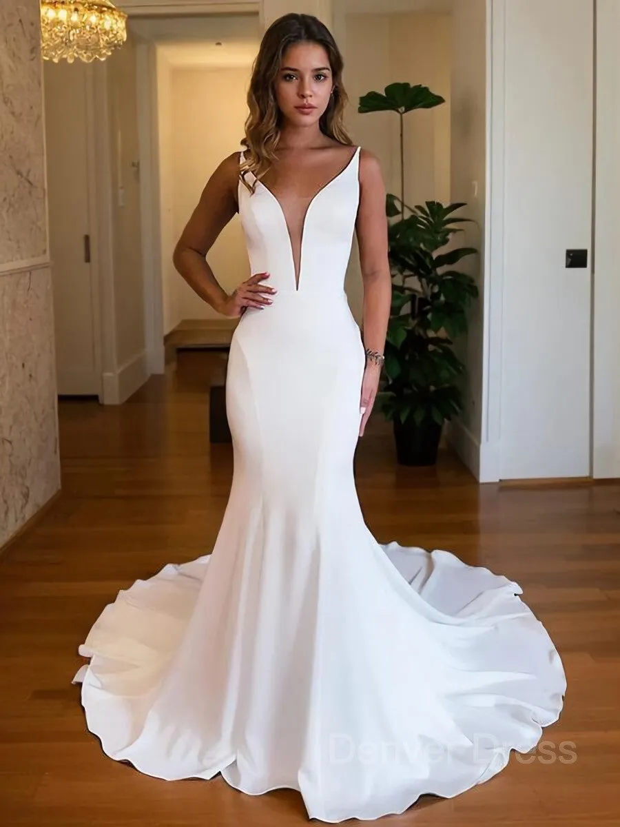 Mermaid V-neck Chapel Train Charmeuse Wedding Dresses