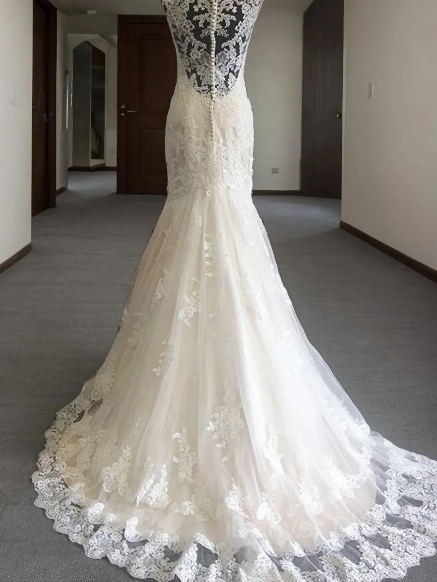 Mermaid V-neck Sweep Train Tulle Wedding Dresses With Appliques Lace