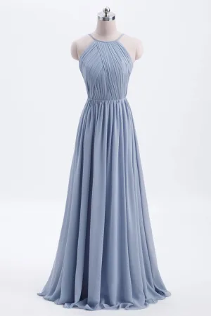 Misty Blue Scoop Chiffon A-line Long Bridesmaid Dress