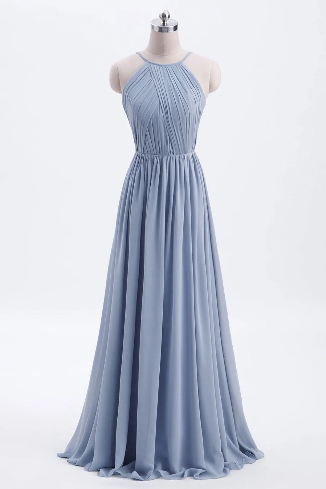 Misty Blue Scoop Chiffon A-line Long Bridesmaid Dress