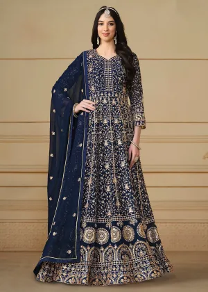 Navy Blue Embroidered Trendy Style Anarkali Suit