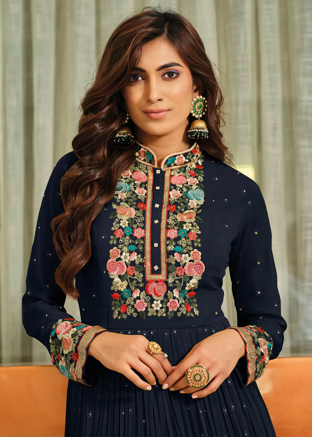 Navy Blue Flower Embroidered Georgette Anarkali Dress