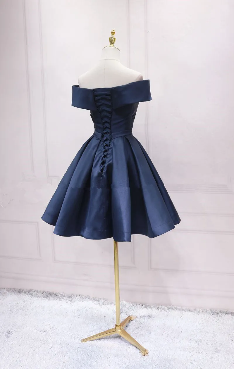 Navy Blue Satin Off Shoulder Bridesmaid Dress Party Dress Short Prom Dress