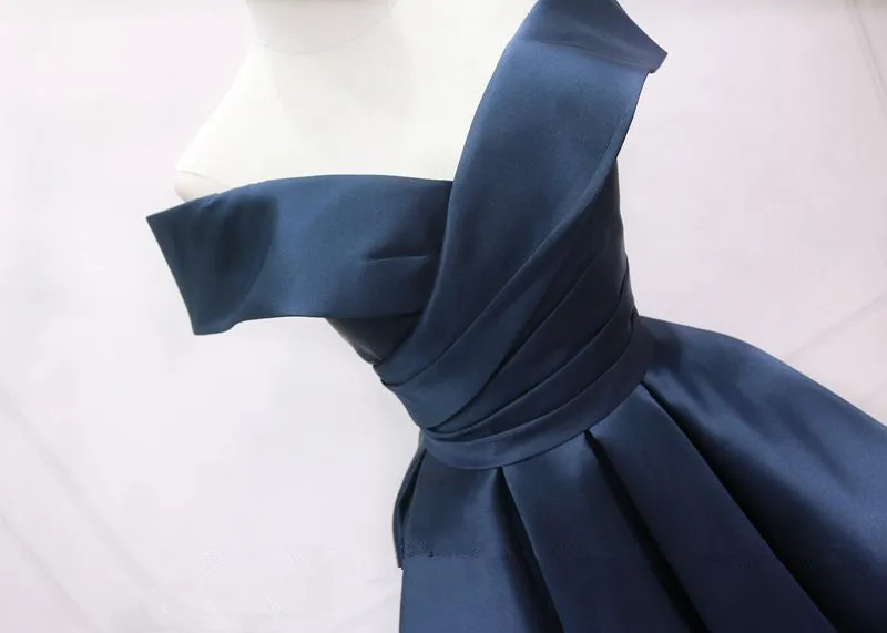 Navy Blue Satin Off Shoulder Bridesmaid Dress Party Dress Short Prom Dress