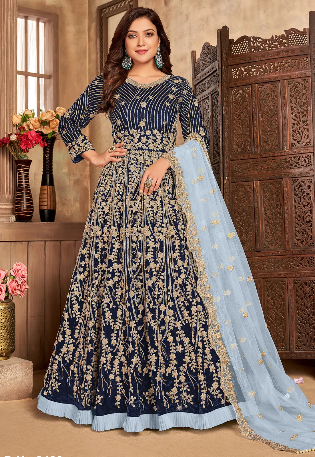 Navy Blue Velvet Floor Length Designer Anarkali Suit
