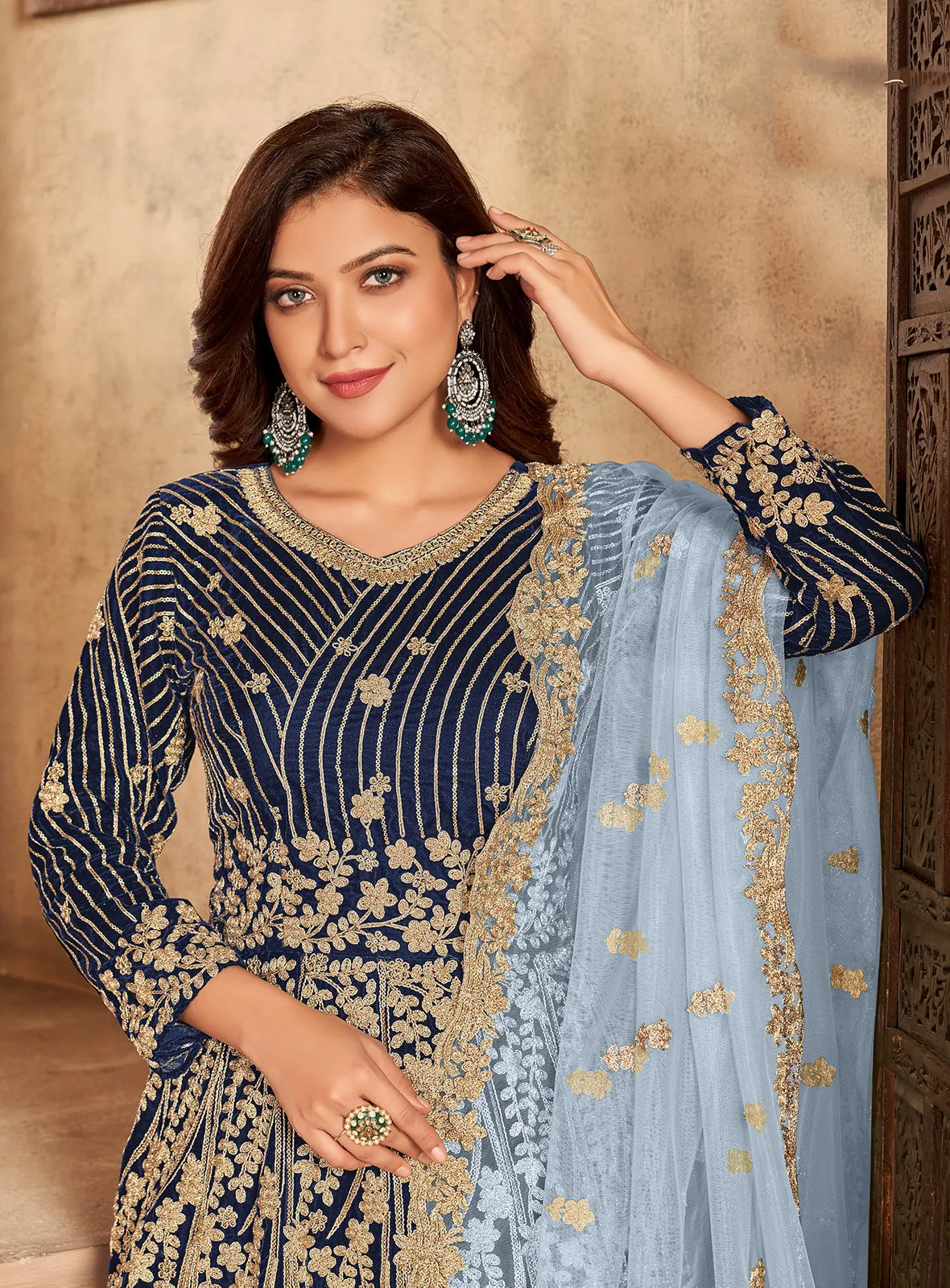 Navy Blue Velvet Floor Length Designer Anarkali Suit