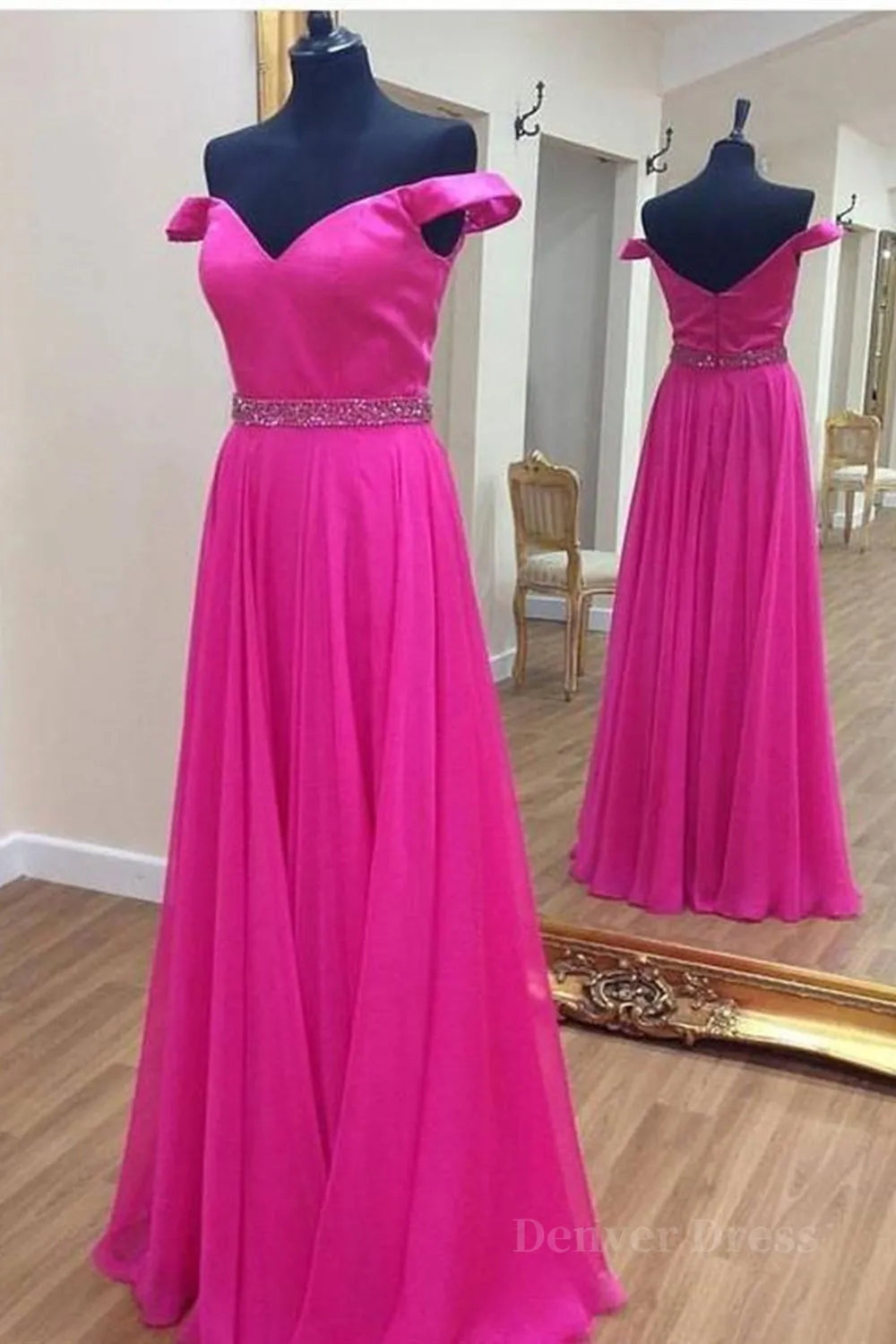 Off the Shoulder Fuchsia Long Prom Dresses with Belt Off Shoulder Fuchsia Formal Evening Dresses