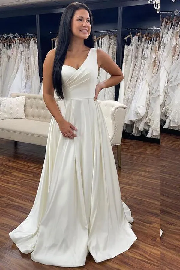 One Shoulder White Satin Wedding Dress With Beading
