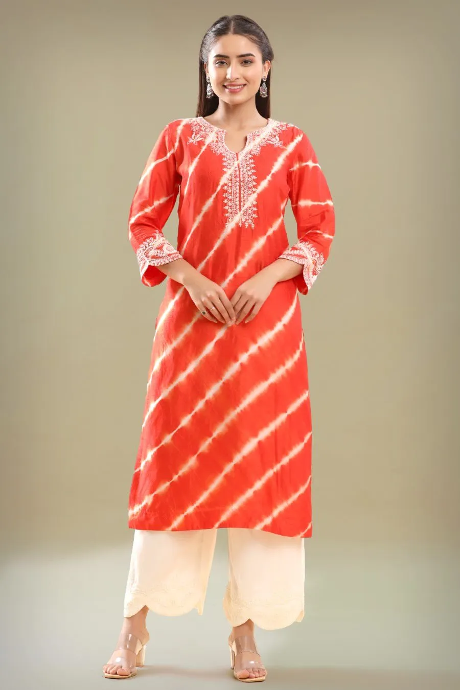 Orange Leheriya Embroidered Kurta And Palazzo Set