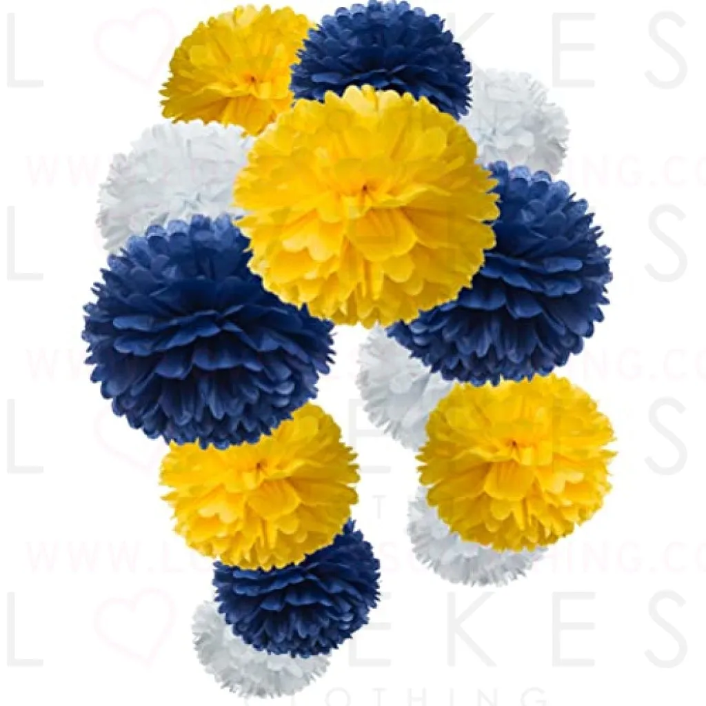 Paper Flower Tissue Pom Poms Party Decoration for Graduation Birthday Wedding Eid Theme Party,Yellow Navy Blue and White,12 Counts