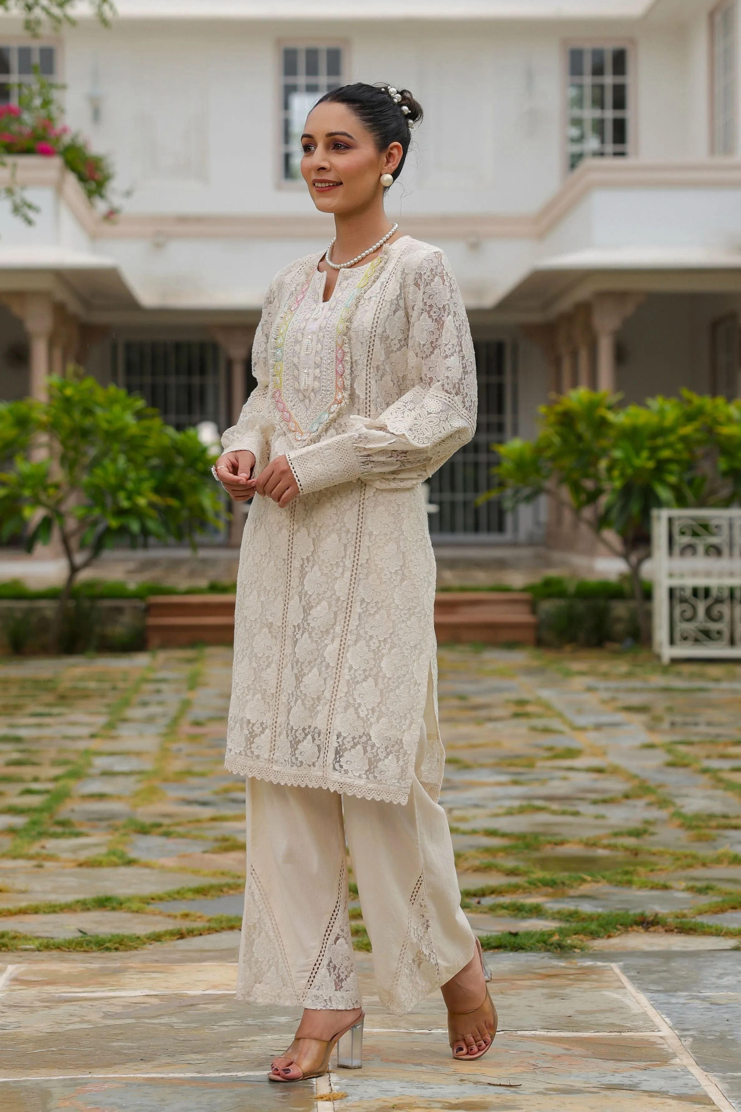 Pastel Cream Embroidered Belgium Net Palazzo Set