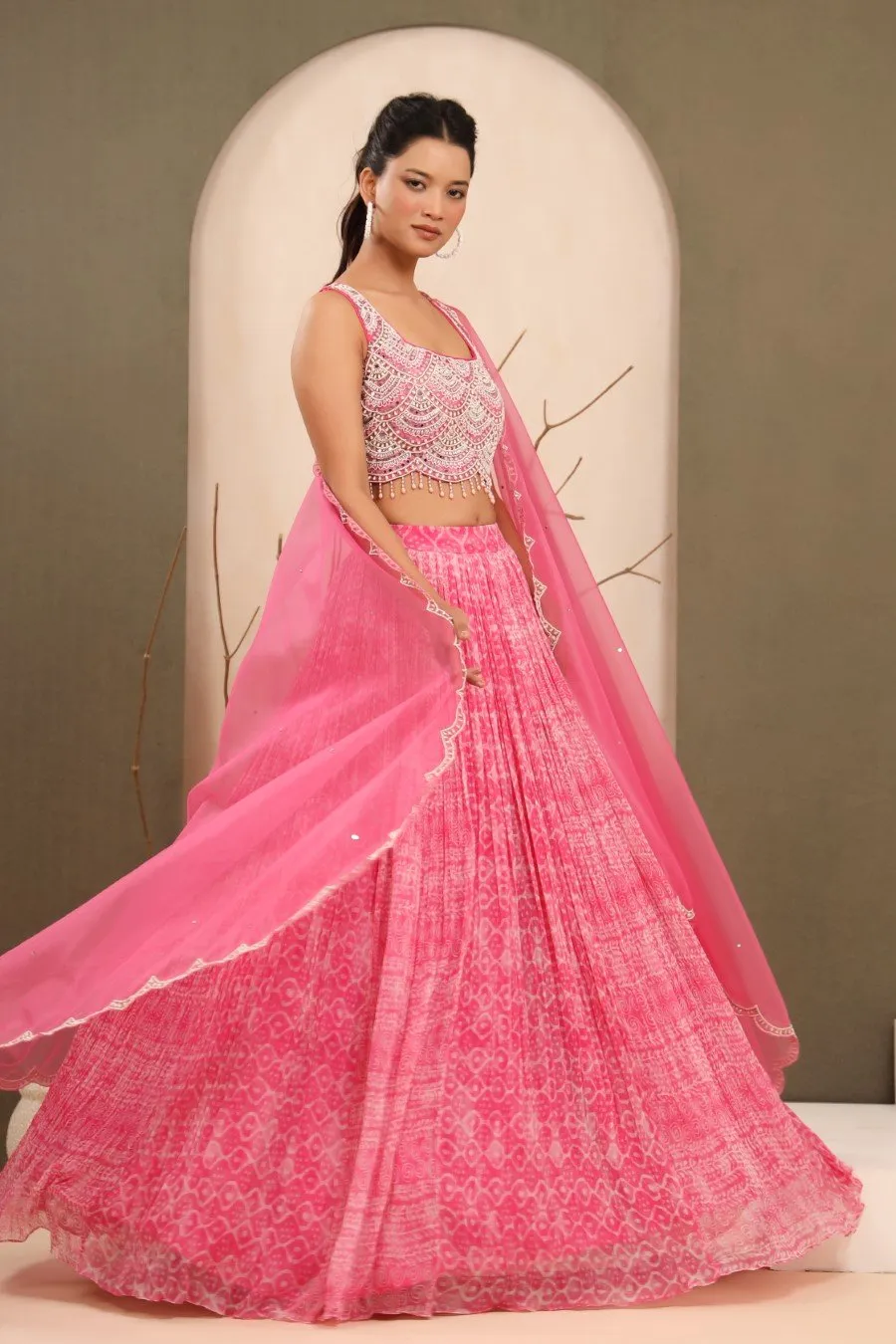 Pastel Pink Batik Printed &amp; Embroidered Lehenga Set