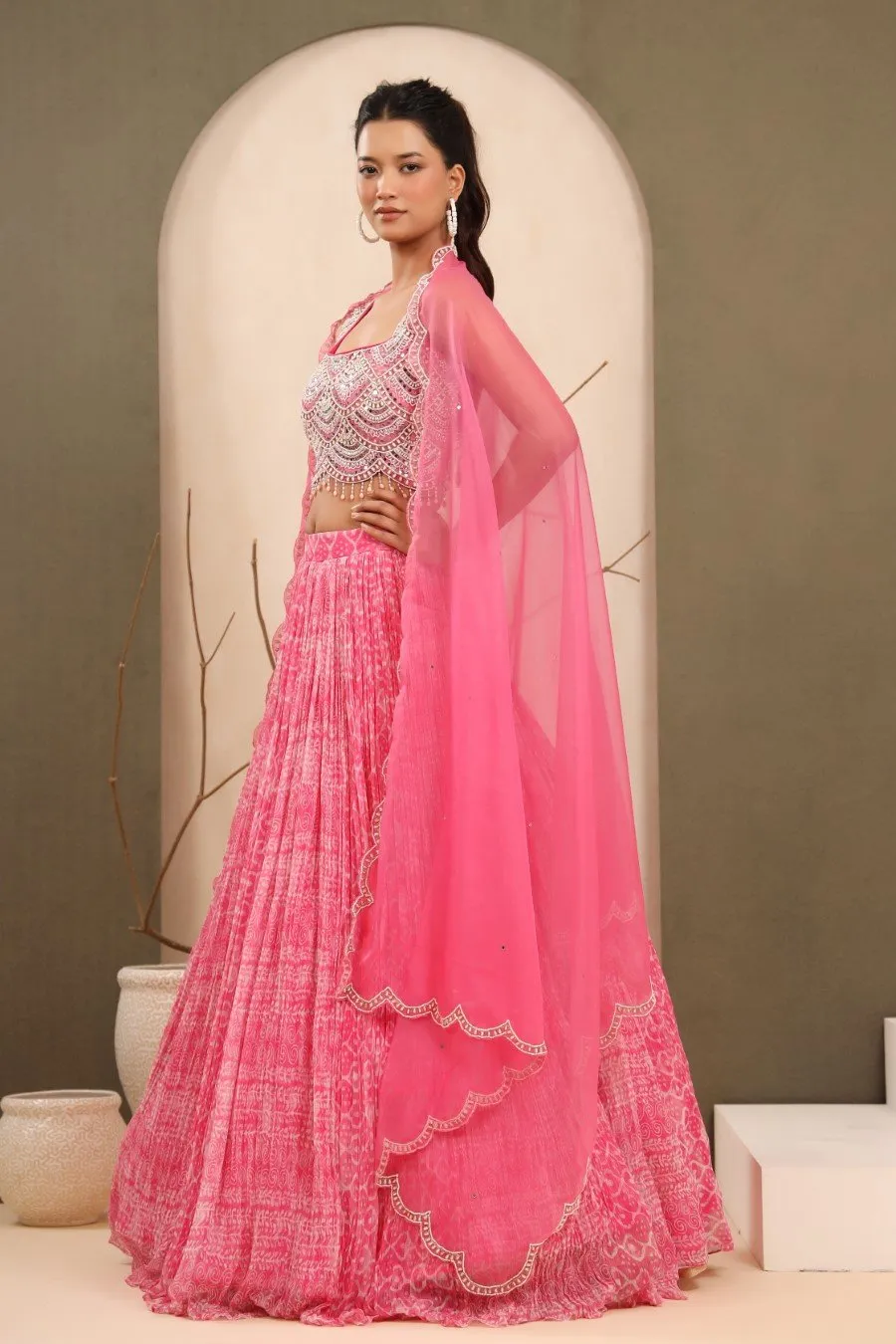 Pastel Pink Batik Printed &amp; Embroidered Lehenga Set