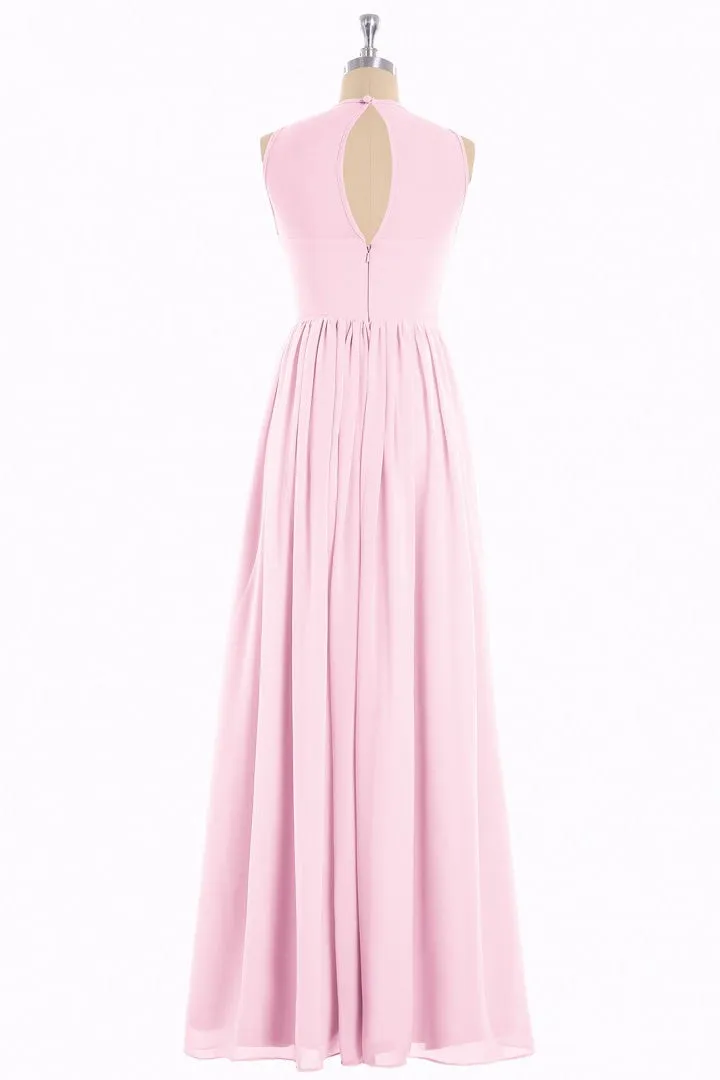 Pink Chiffon Halter Cutout Back A-Line Long Bridesmaid Dress